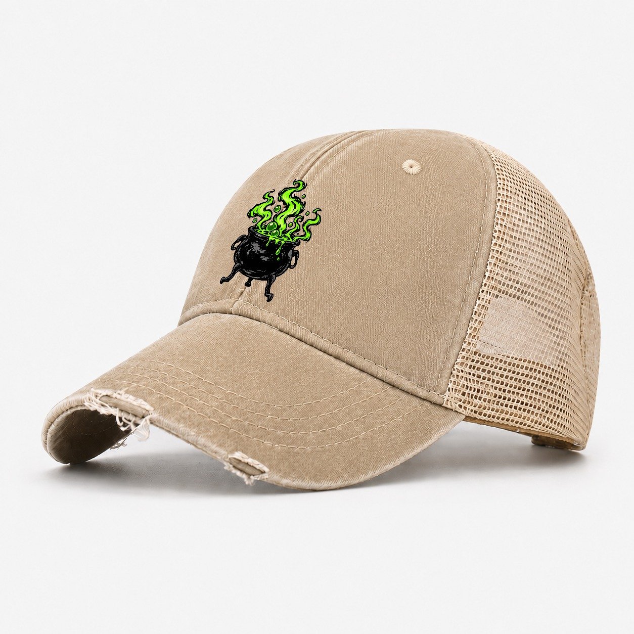 Bubbling Cauldron Witch Magic Washed Trucker Hat – Khaki