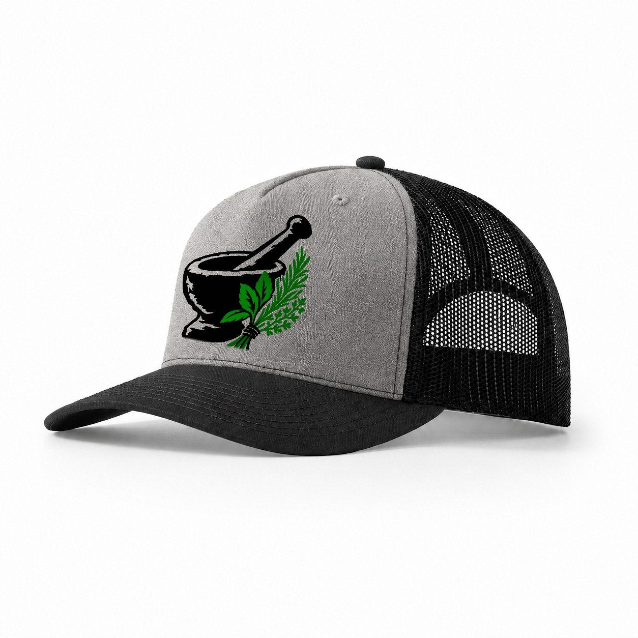 Mortar And Pestle With Herbs Witch Magic Trucker Hat – Grey Black