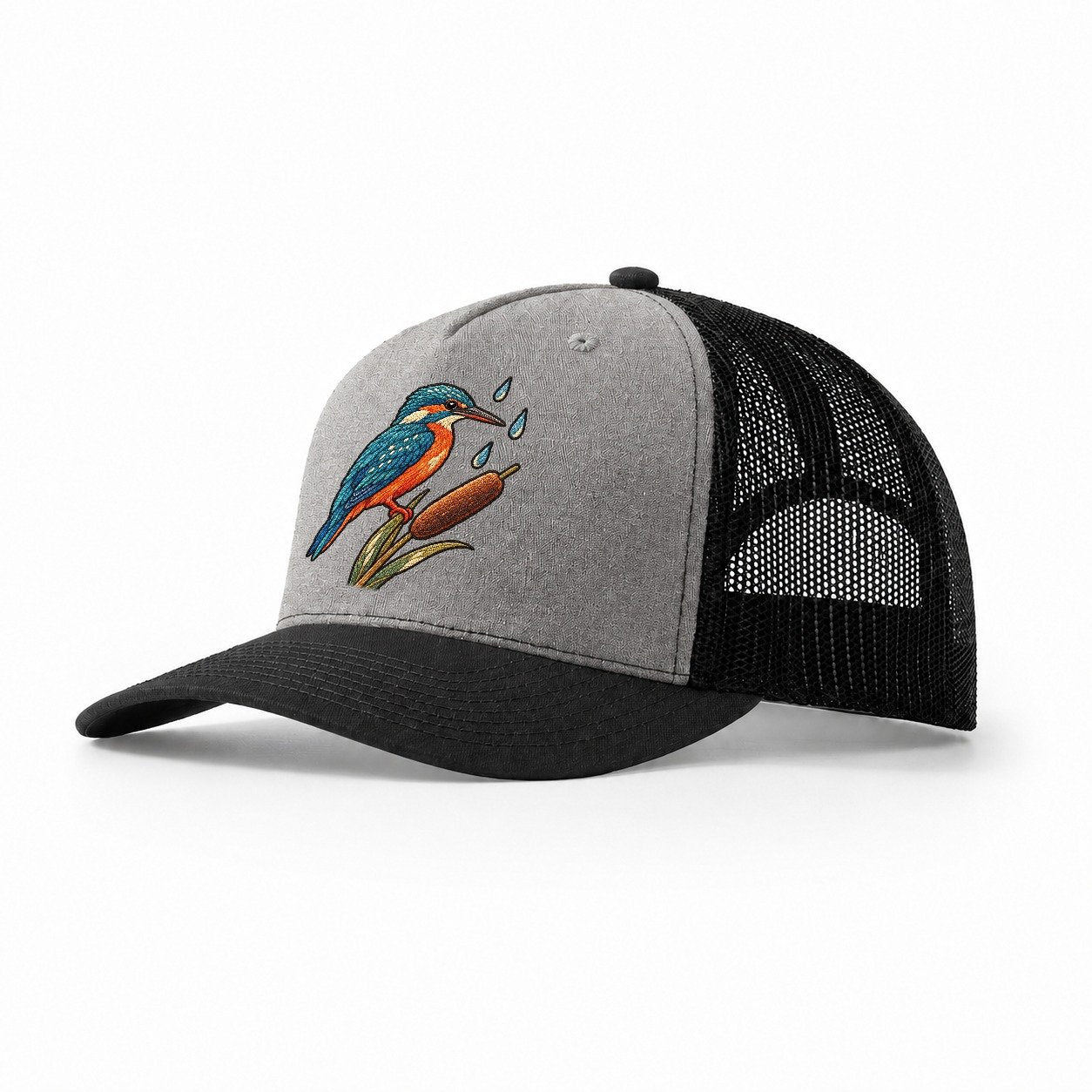 Kingfisher Rain Pause Gentle Wild Trucker Hat – Grey Black