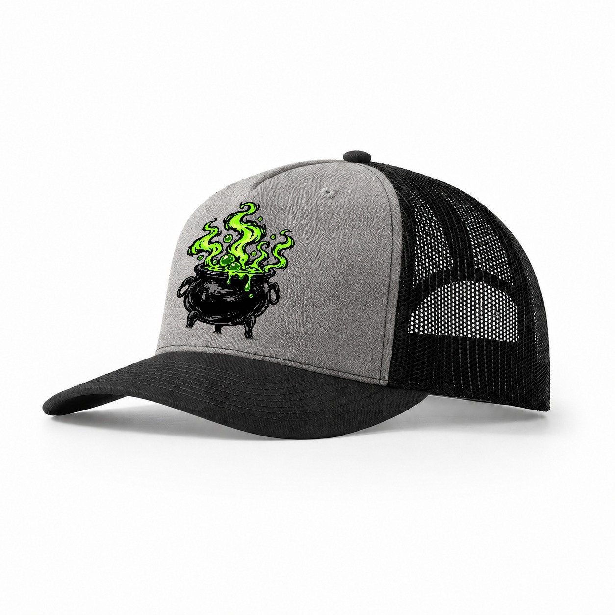Bubbling Cauldron Witch Magic Trucker Hat – Grey Black