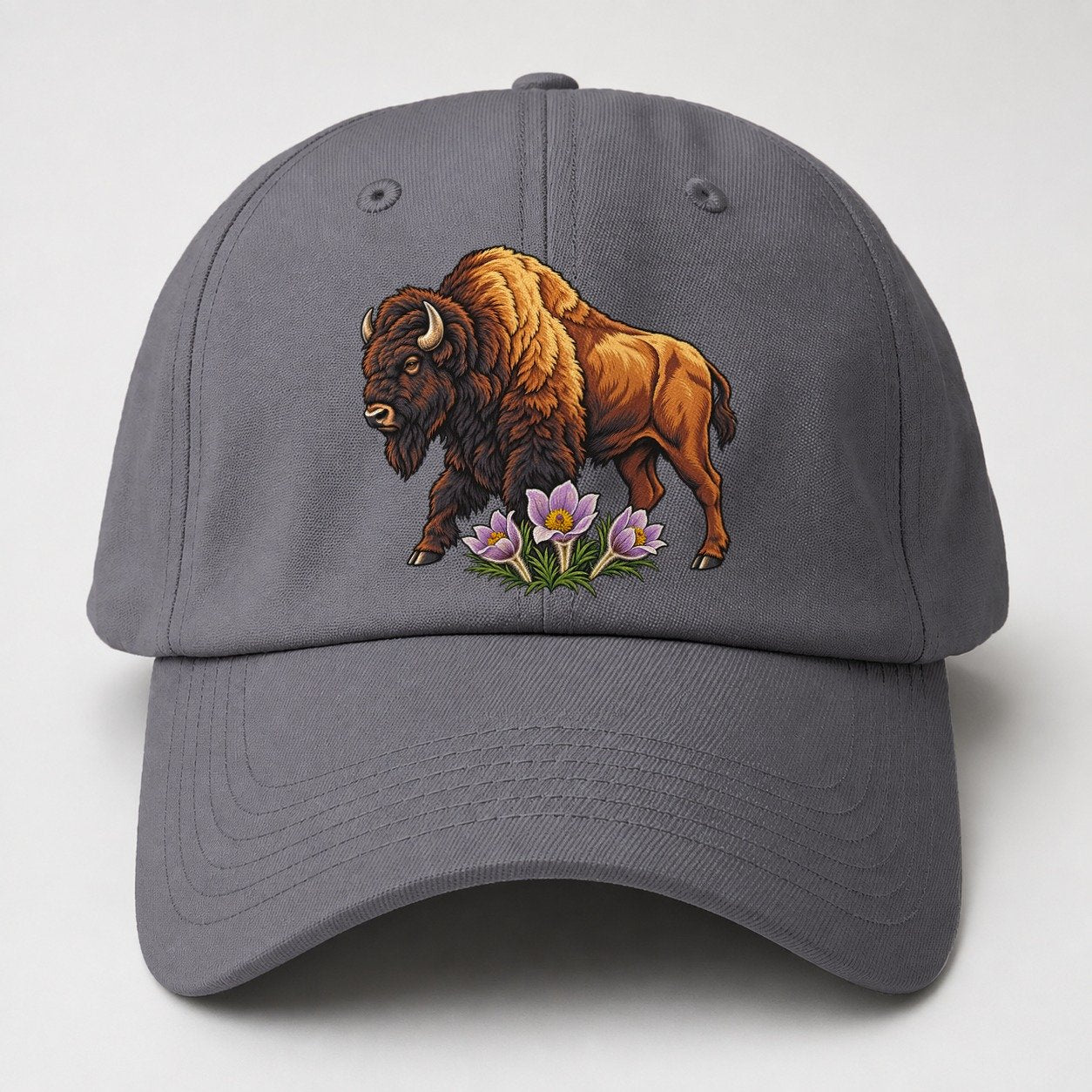 Wood Bison And Prairie Crocus Canada Cultural Icons Baseball Cap – Grey