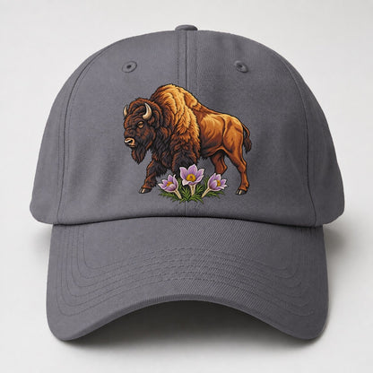 Wood Bison And Prairie Crocus Canada Cultural Icons Baseball Cap – Grey