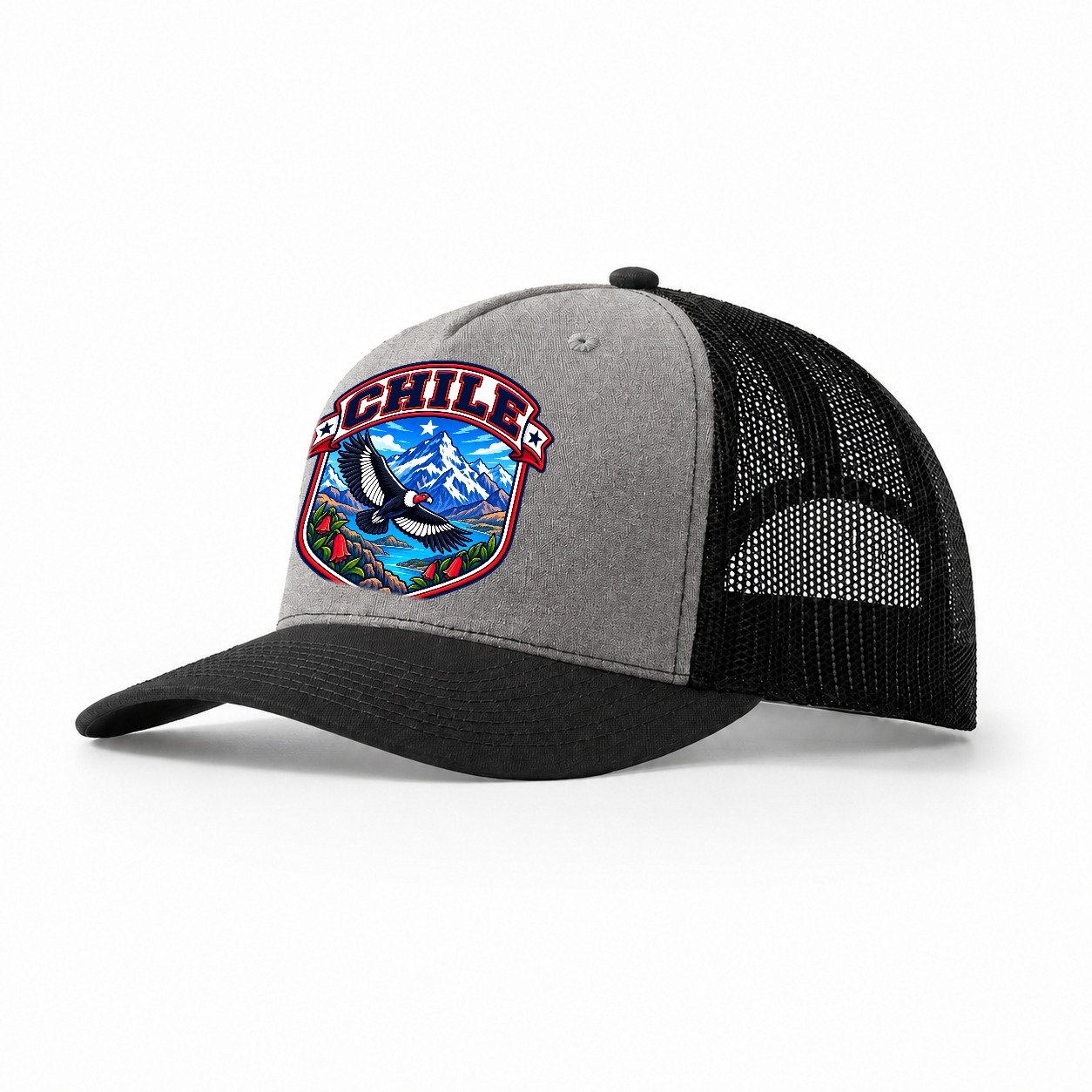 Chile Retro Badge Country Logos Trucker Hat – Grey Black
