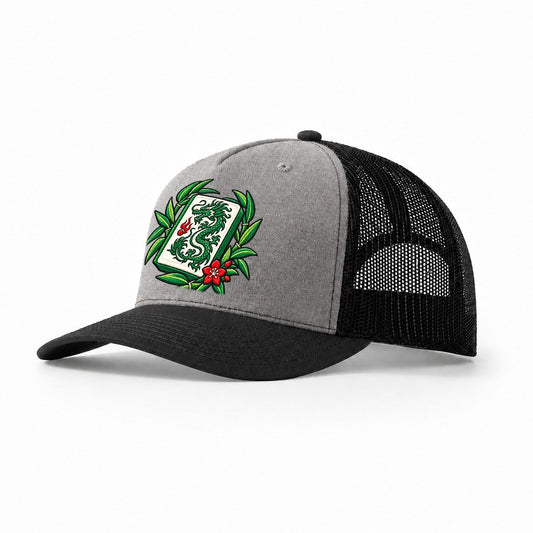 Green Dragon Mahjong Game Night Trucker Hat – Grey Black