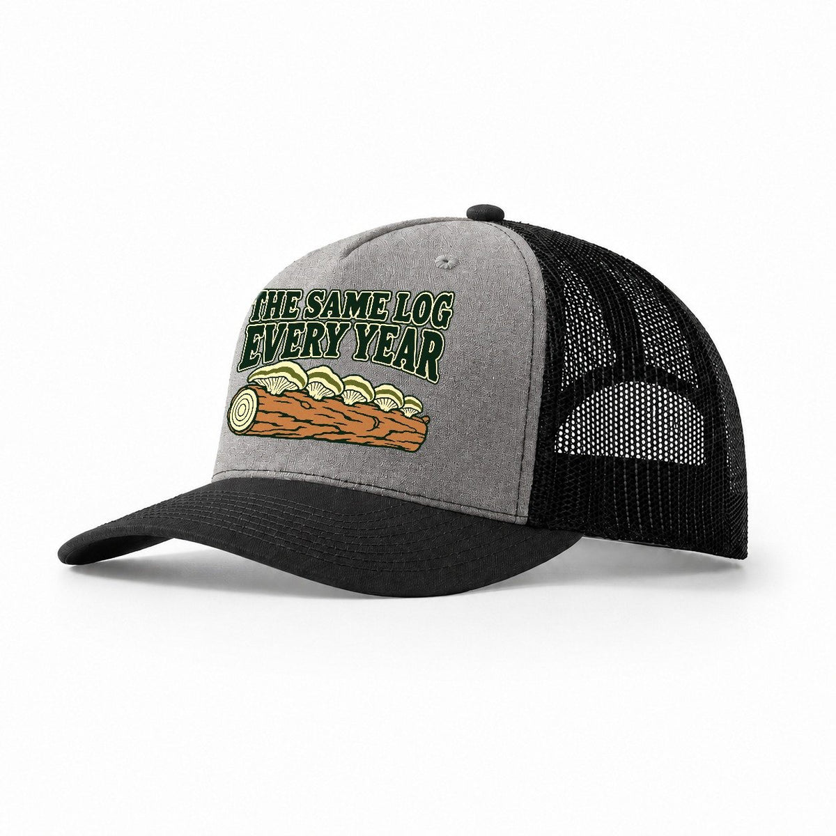 The Same Log Every Year Foraging And Mycology Trucker Hat – Grey Black