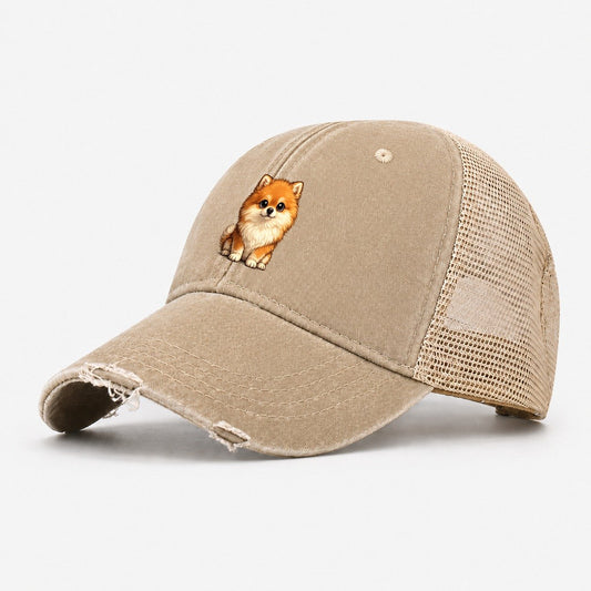 Pomeranian Sitting Sweetheart Washed Trucker Hat – Khaki