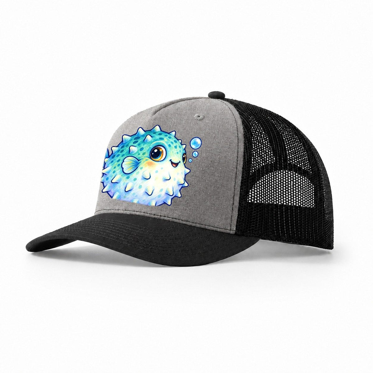 Pufferfish Side Puff Sea Sprite Trucker Hat – Grey Black