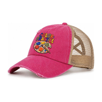 Color Practice Clay Color Makers Women's Ponytail Trucker Hat – Raspberry Khaki