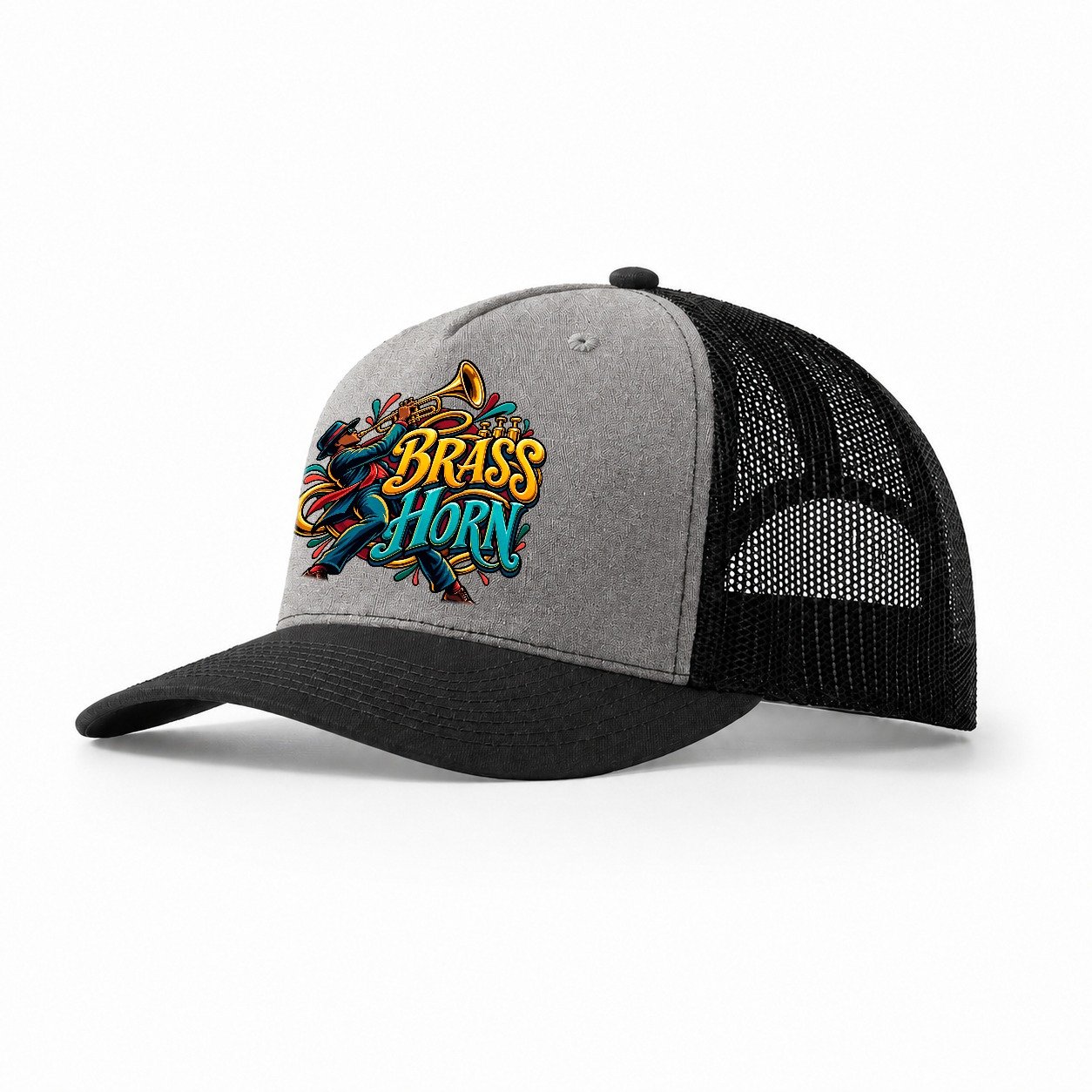 Brass Horn Wordmark Music Instruments Trucker Hat – Grey Black
