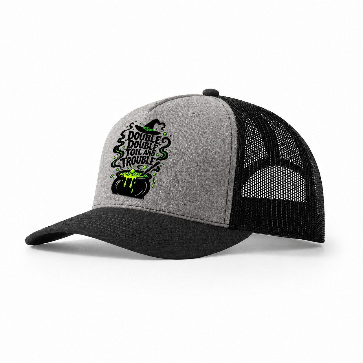 Double Double Toil And Trouble Slogan Witch Magic Trucker Hat – Grey Black