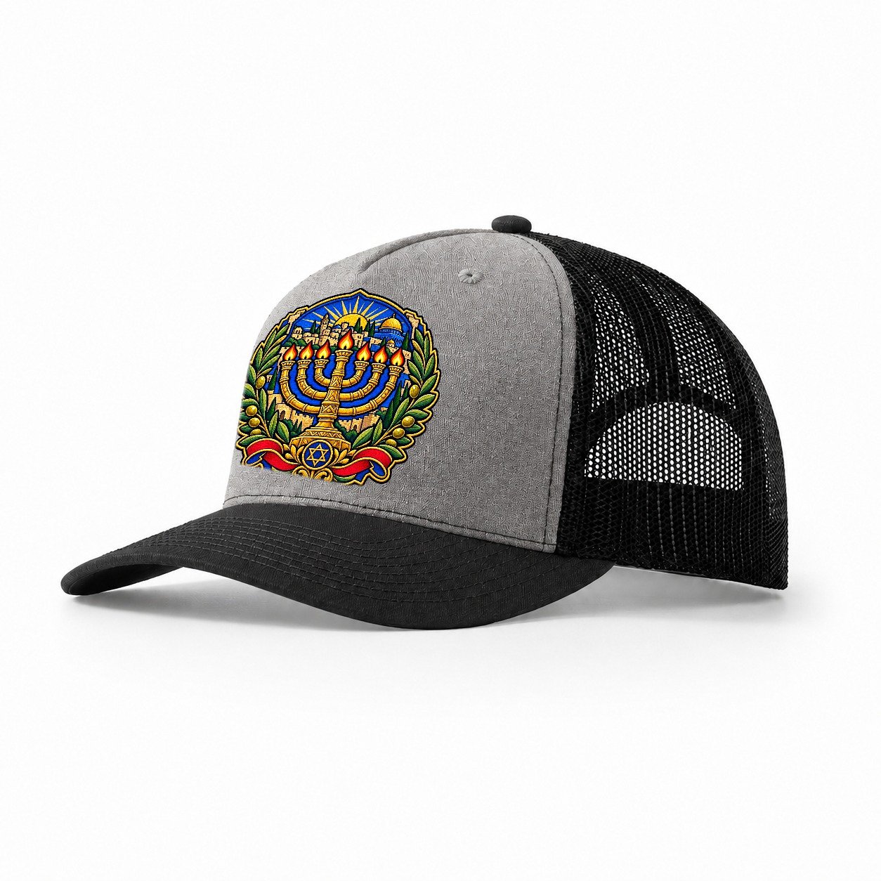 Temple Menorah Jerusalem Trucker Hat – Grey Black