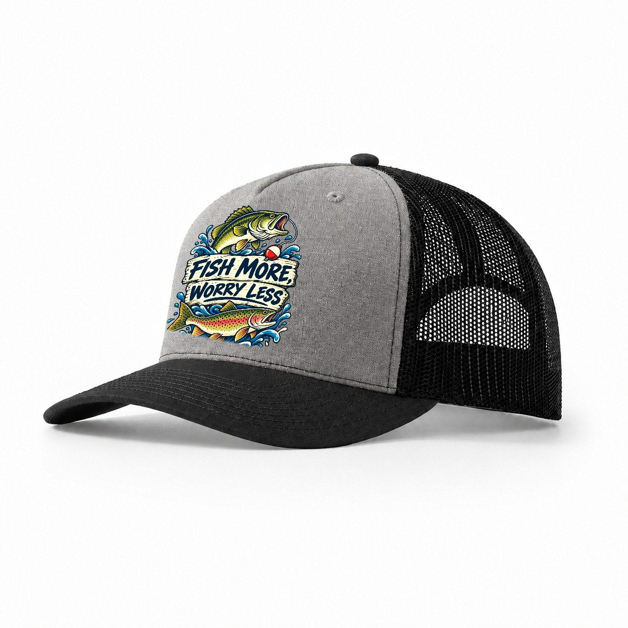 Fish More Worry Less Fishing Elegant Trucker Hat – Grey Black