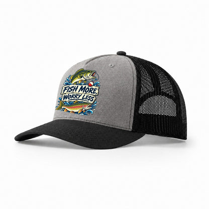 Fish More Worry Less Fishing Elegant Trucker Hat – Grey Black