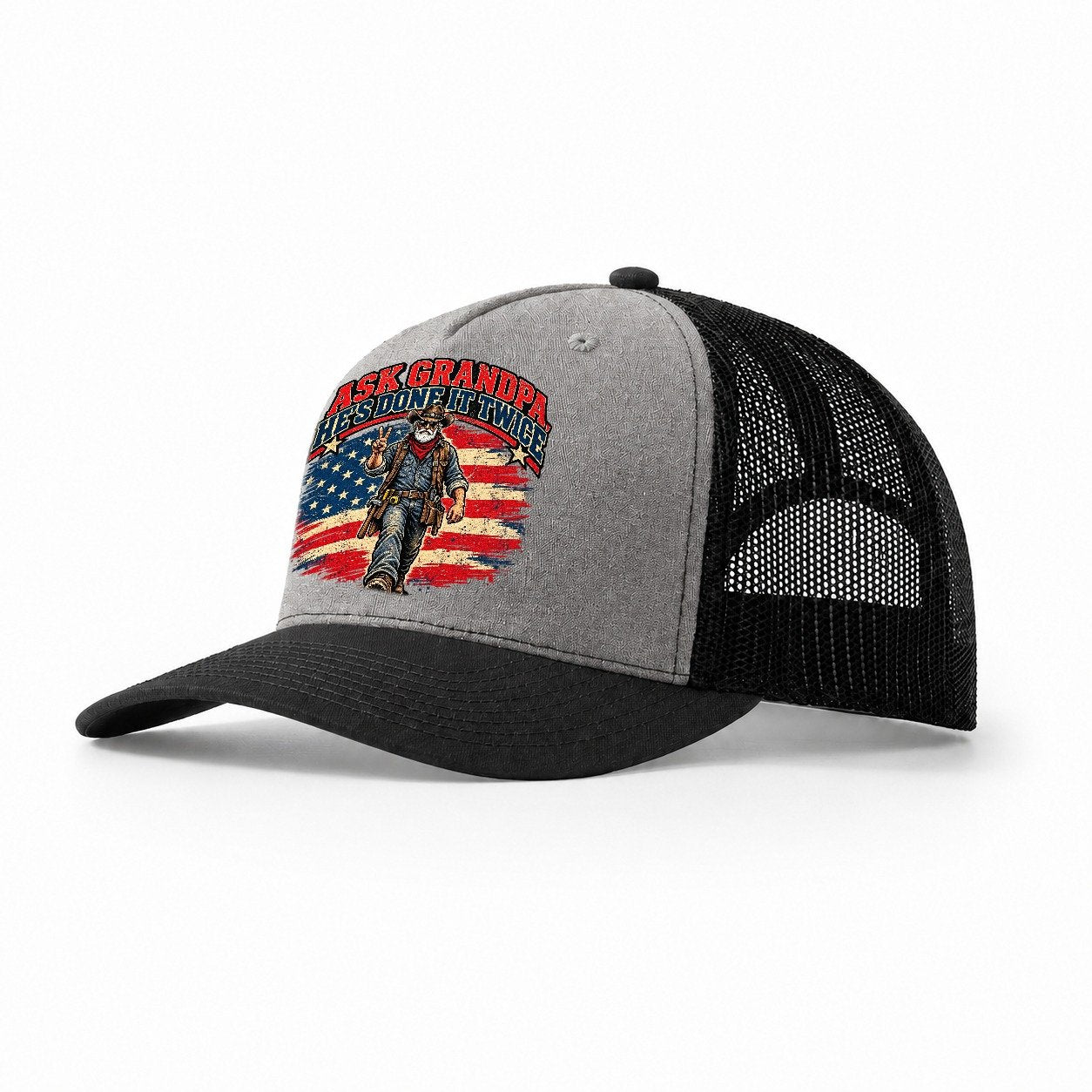 Ask Grandpa He S Done It Twice Old Man Strong Trucker Hat – Grey Black