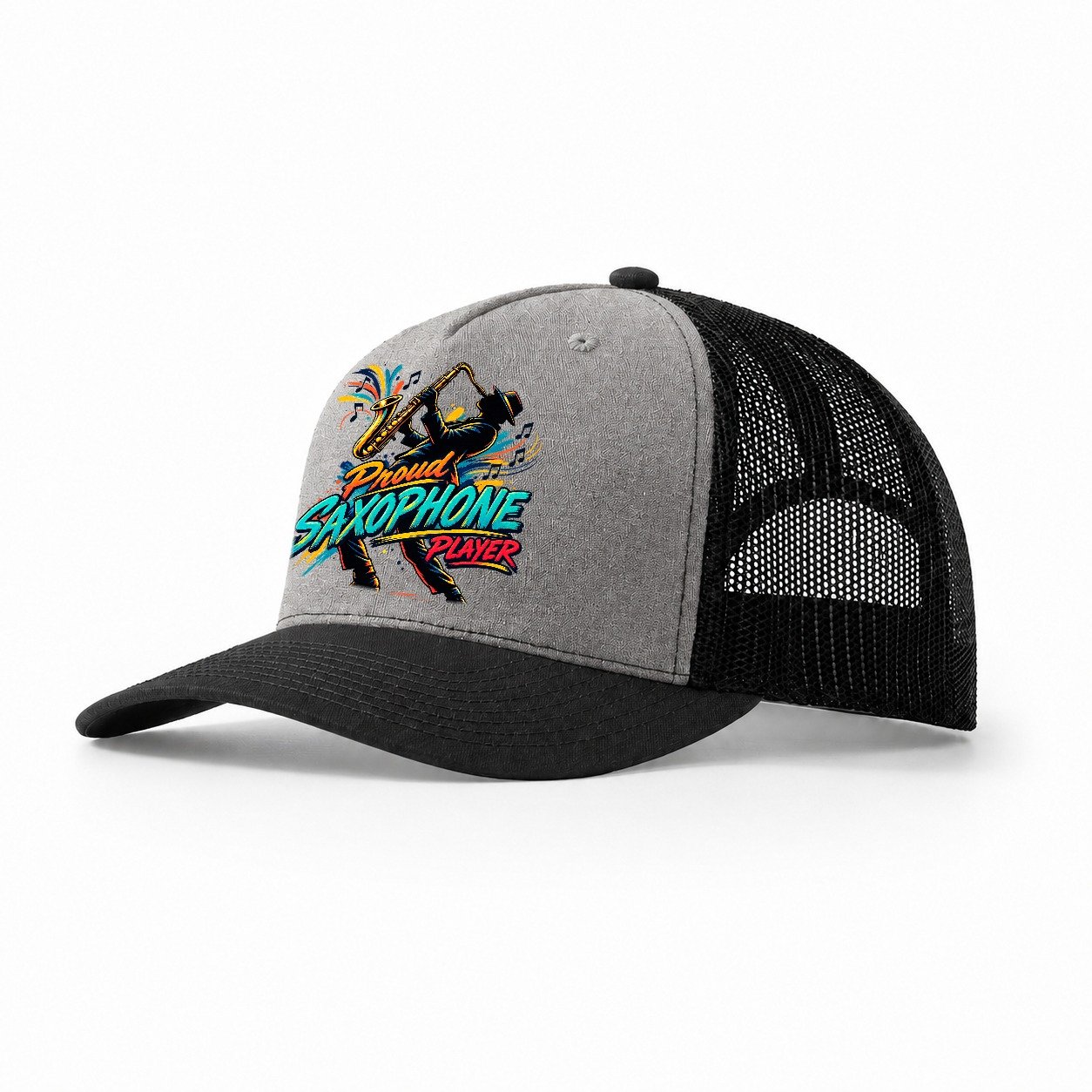 Proud Saxophone Player Music Instruments Trucker Hat – Grey Black