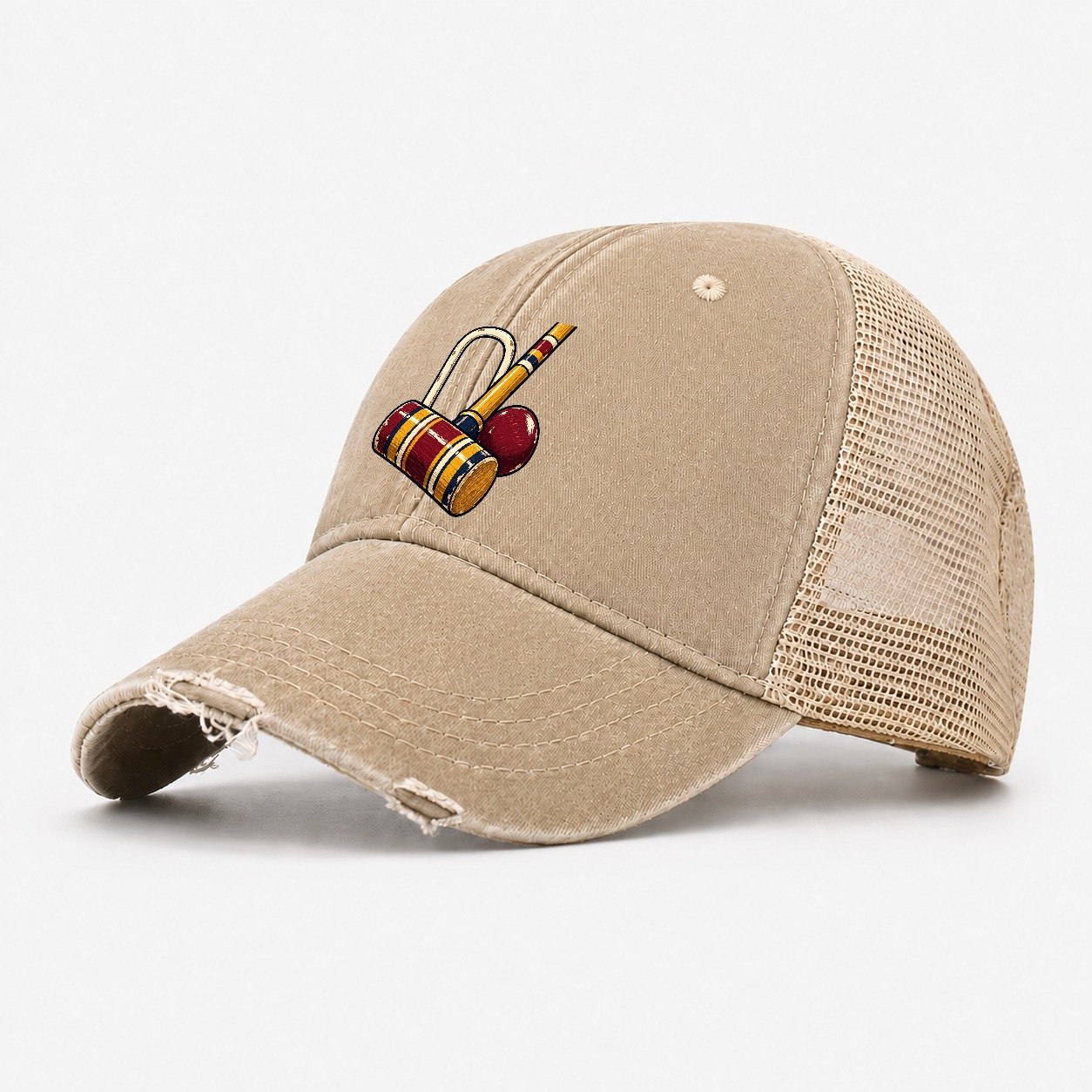 Croquet Mallet Hoop And Burgundy Ball Uk Culture Heritage Washed Trucker Hat – Khaki