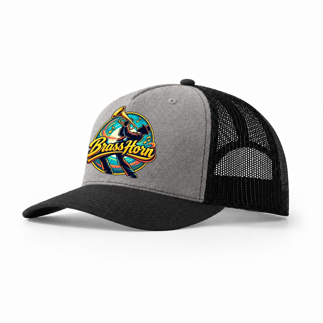 Brass Horn Crest Music Instruments Trucker Hat – Grey Black