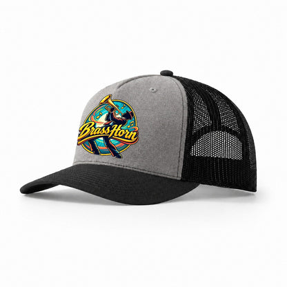 Brass Horn Crest Music Instruments Trucker Hat – Grey Black