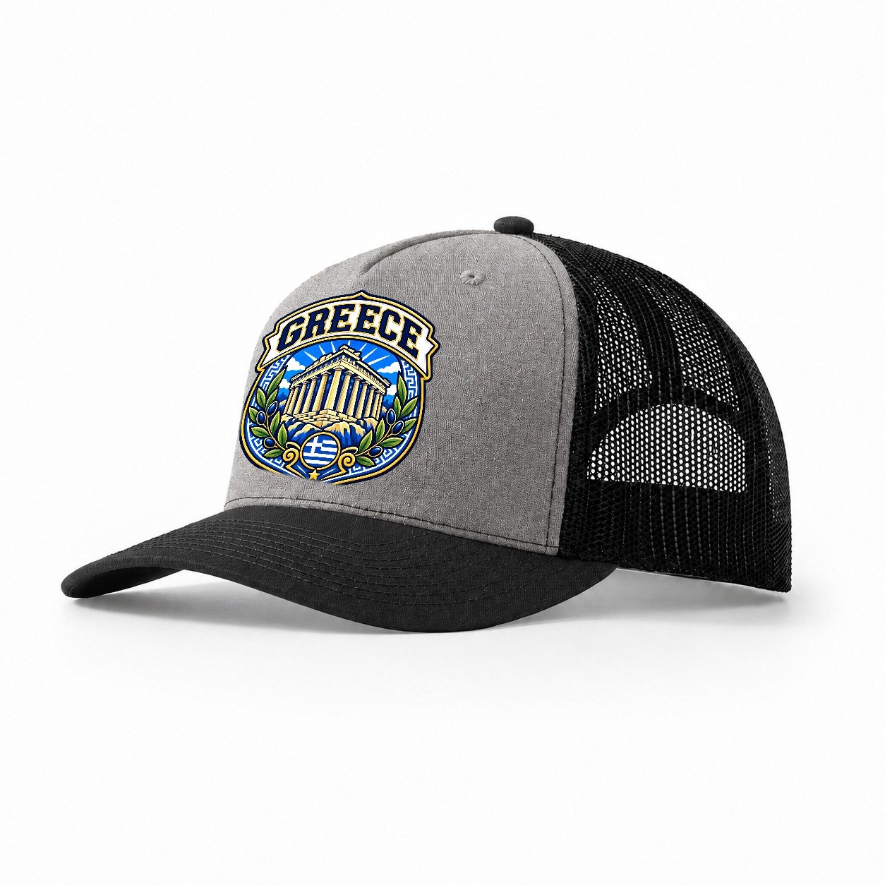 Greece Retro Badge Country Logos Trucker Hat – Grey Black