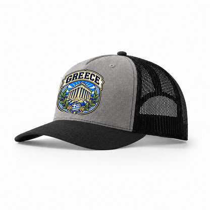 Greece Retro Badge Country Logos Trucker Hat – Grey Black