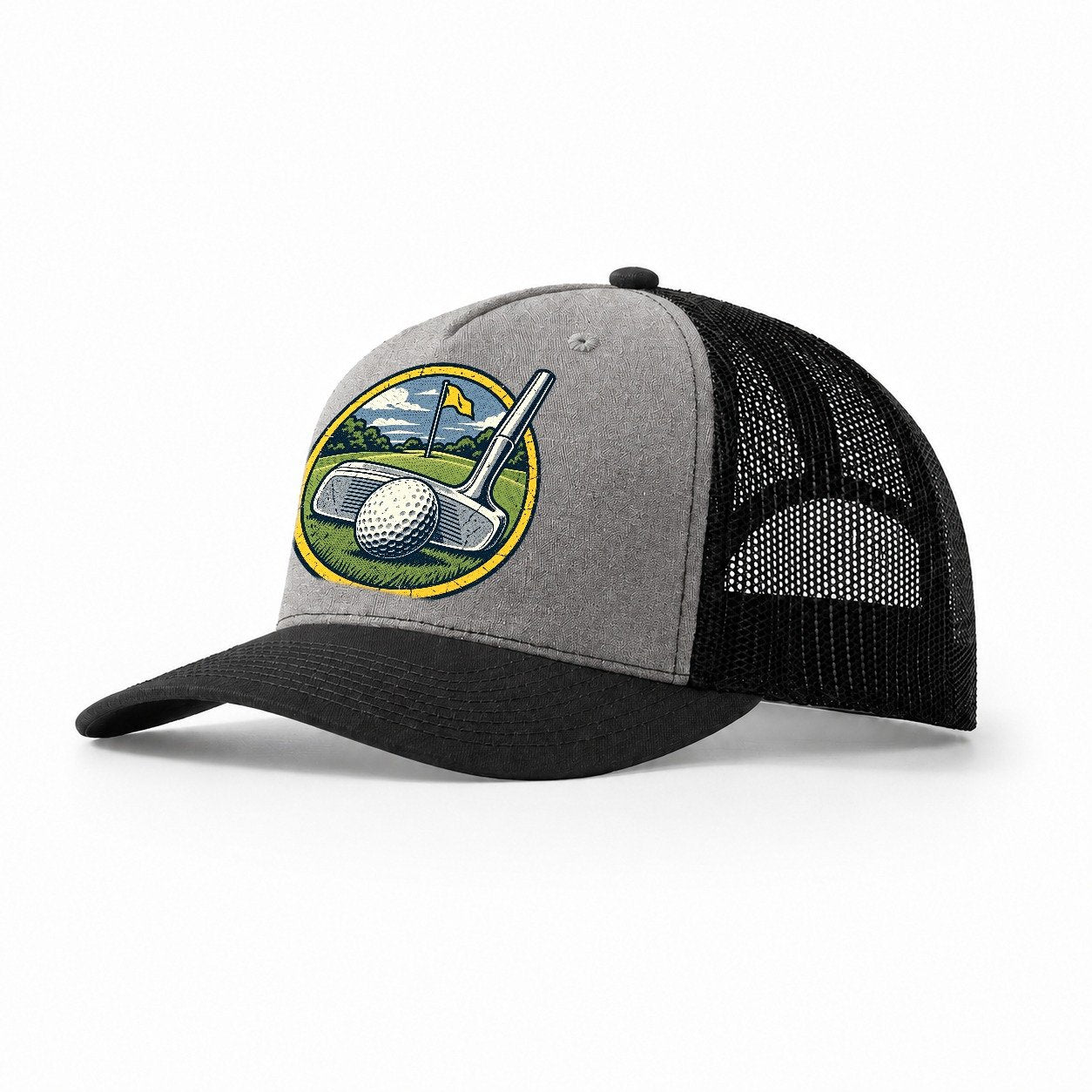 Putter And Ball Circle Golf Life Trucker Hat – Grey Black