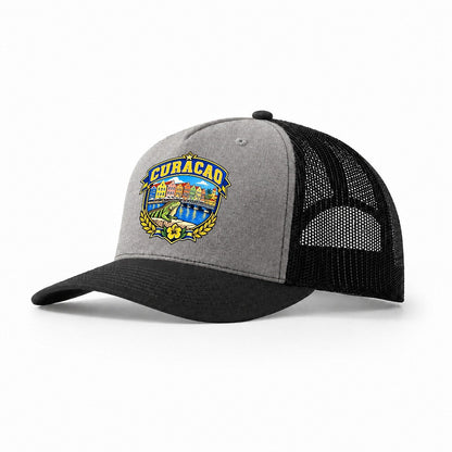 Curacao Retro Badge Country Logos Trucker Hat – Grey Black