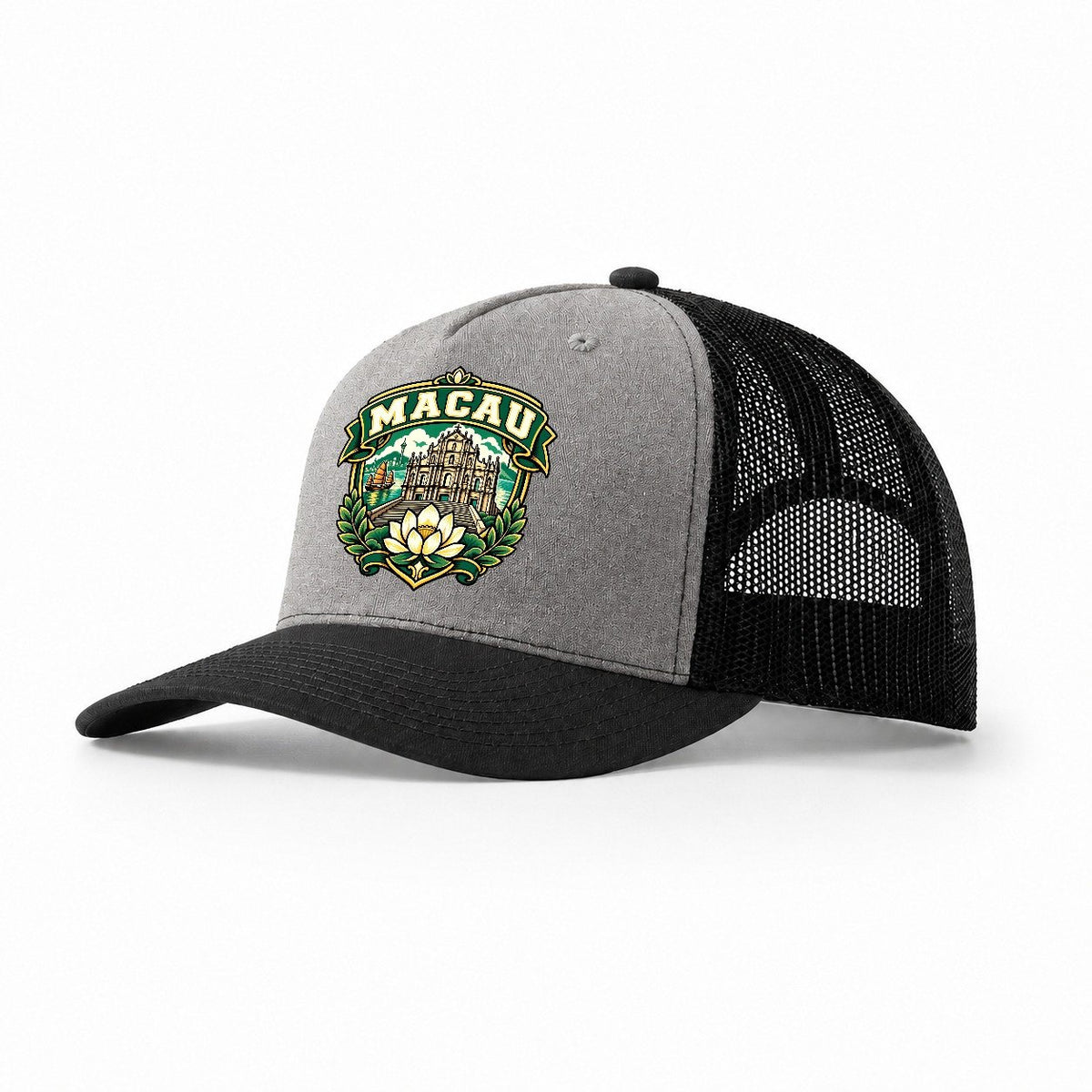 Macau Retro Badge Country Logos Trucker Hat – Grey Black