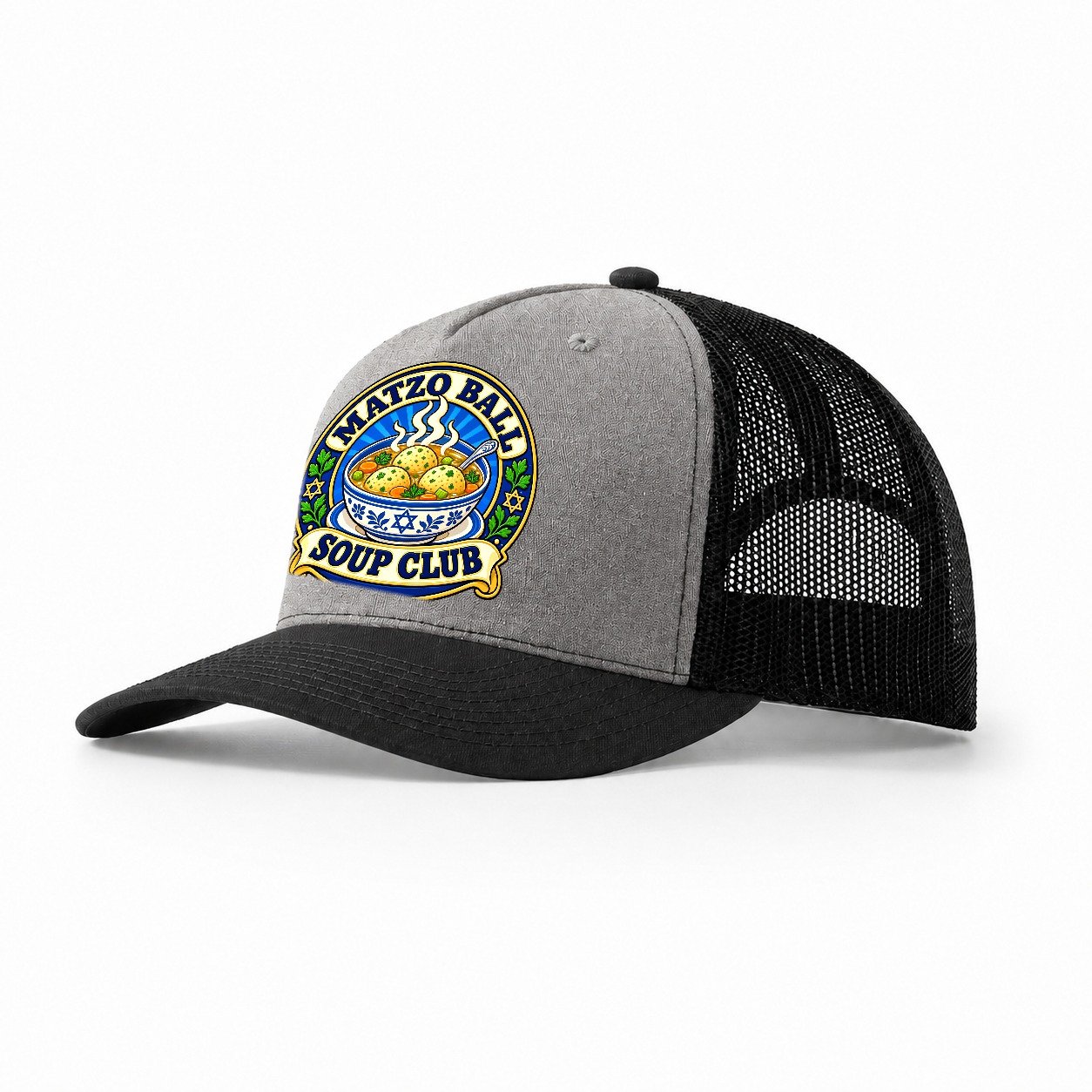 Matzo Ball Soup Club Judaism Heritage Trucker Hat – Grey Black