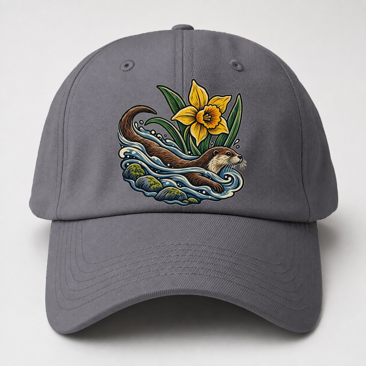 Welsh Otter And Daffodil Stream Uk Culture Heritage Baseball Cap – Grey