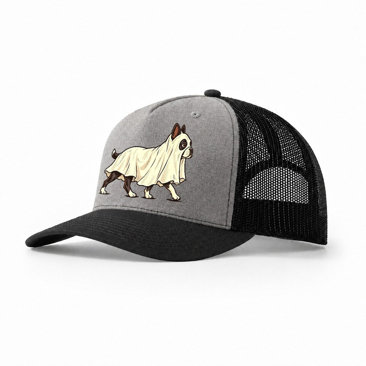 One Boston Terrier In Halloween Costume Ghost Draped In A Simple Sheet With Cut Eye Holes Halloween Dog Parade Trucker Hat – Grey Black