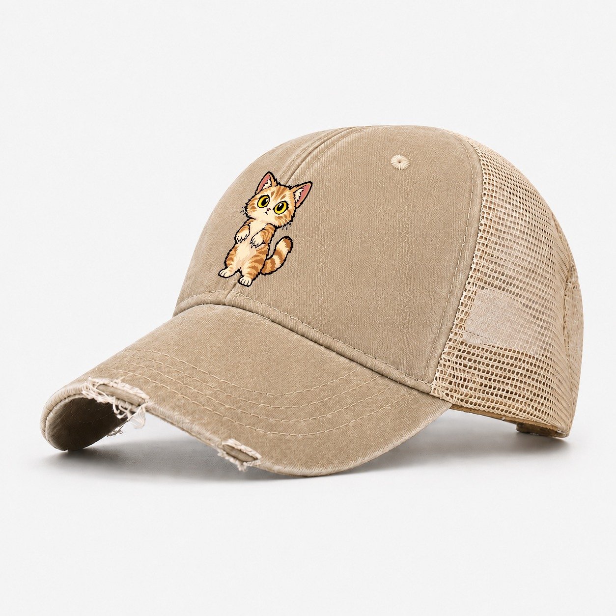 Munchkin Standing Up Peeking Cats Washed Trucker Hat – Khaki