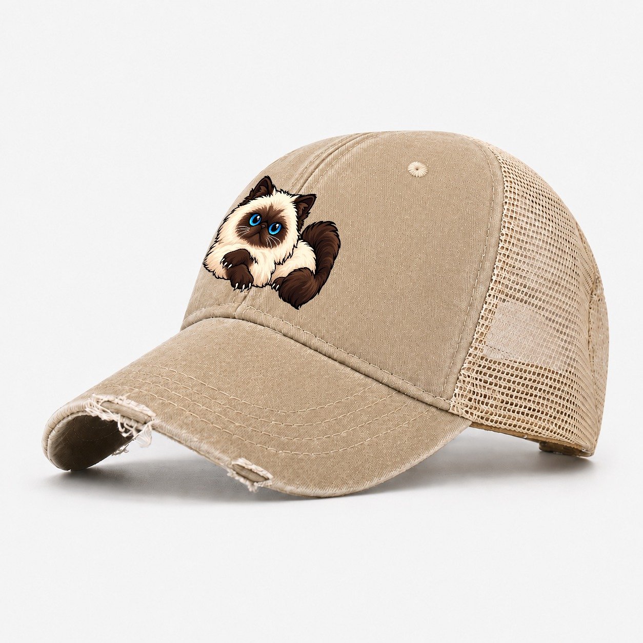 Himalayan Lounging Peeking Cats Washed Trucker Hat – Khaki