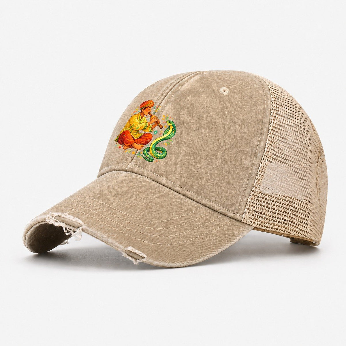 Snake Charmer Playing Flute Washed Trucker Hat – Khaki