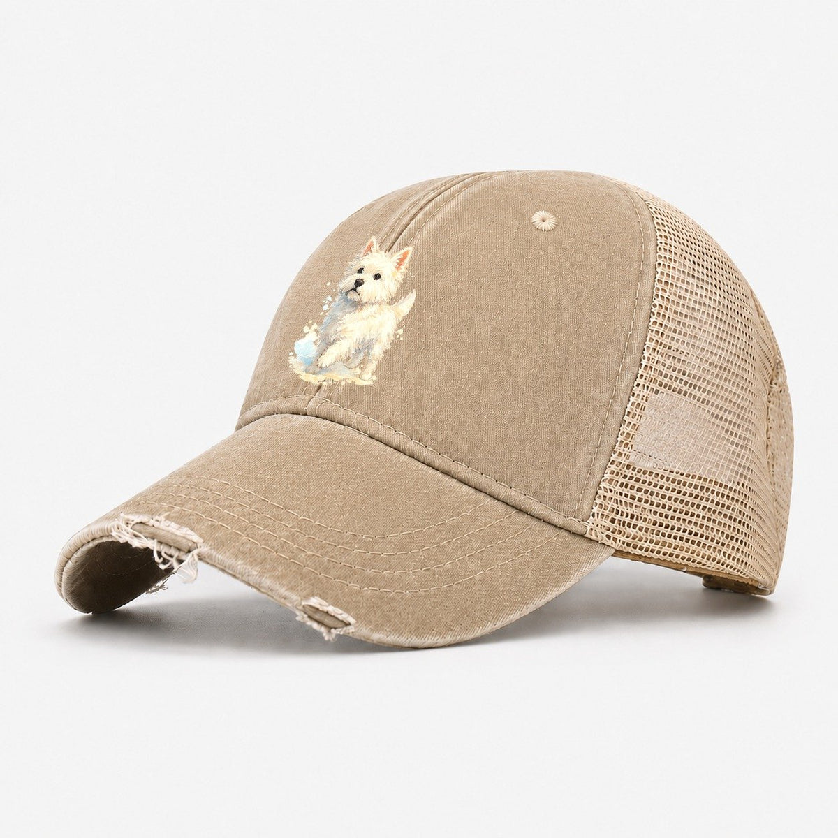 Westie Watercolor Portrait Washed Trucker Hat – Khaki