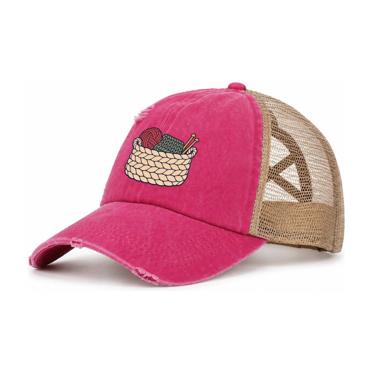 Unfinished Project Basket Yarn Crafts Women's Ponytail Trucker Hat – Raspberry Khaki