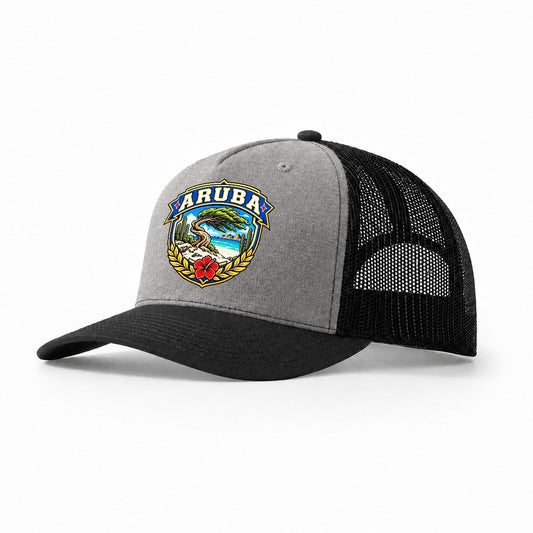 Aruba Retro Badge Country Logos Trucker Hat – Grey Black