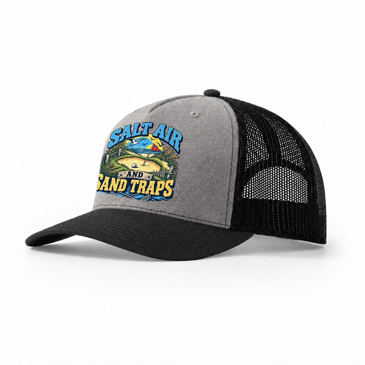 Salt Air And Sand Traps Golf Life Trucker Hat – Grey Black