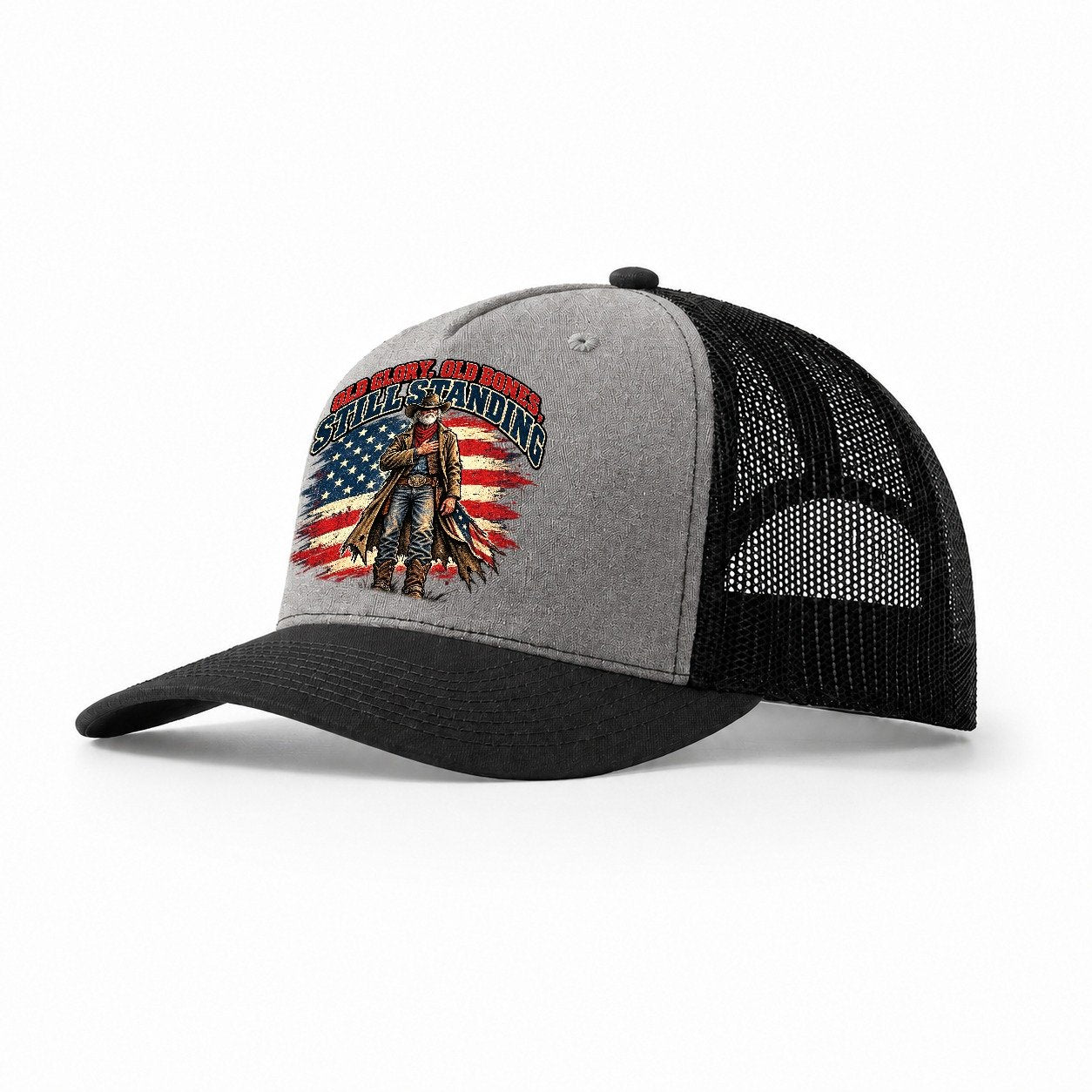 Old Glory Old Bones Still Standing Old Man Strong Trucker Hat – Grey Black