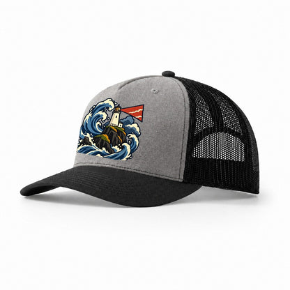 Hebridean Lighthouse And Storm Wave Uk Culture Heritage Trucker Hat – Grey Black