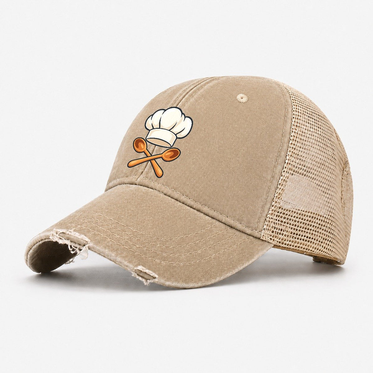 Reimagined Chef Hat & Crossed Spoons Washed Trucker Hat – Khaki