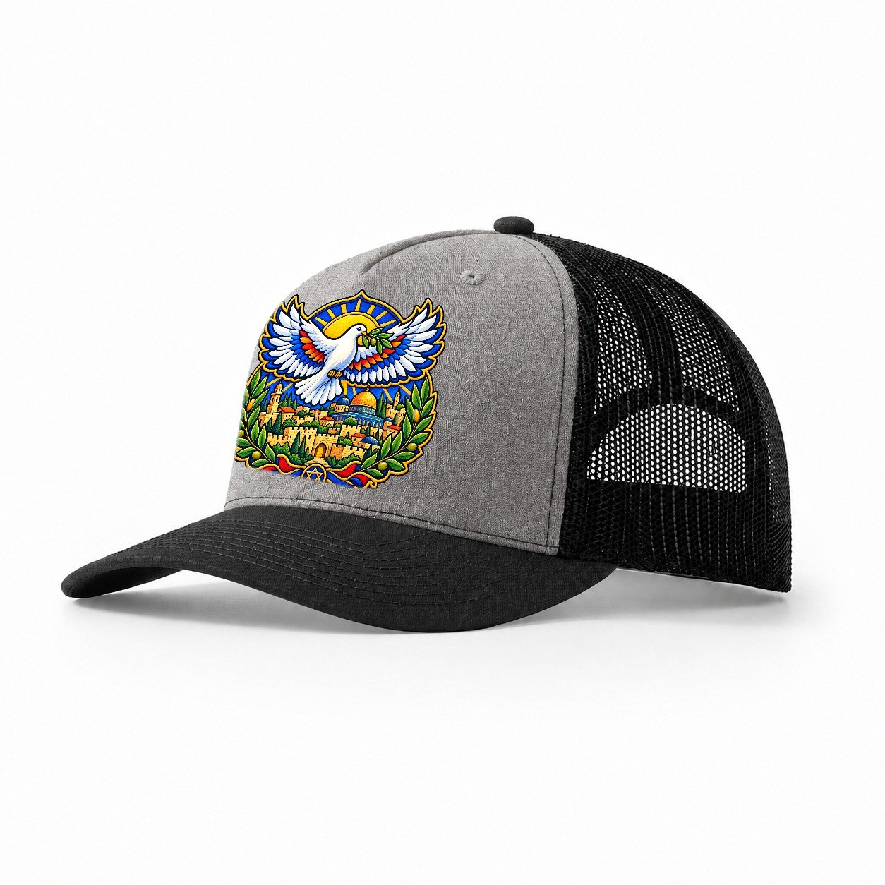 Dove Over The City Jerusalem Trucker Hat – Grey Black