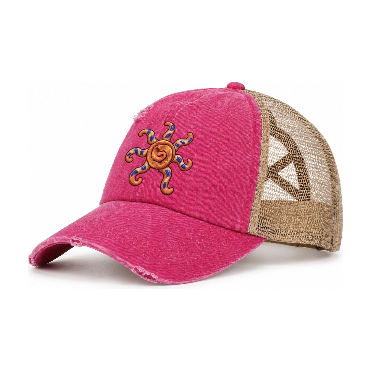 Clay Coil Sun Clay Color Makers Women's Ponytail Trucker Hat – Raspberry Khaki