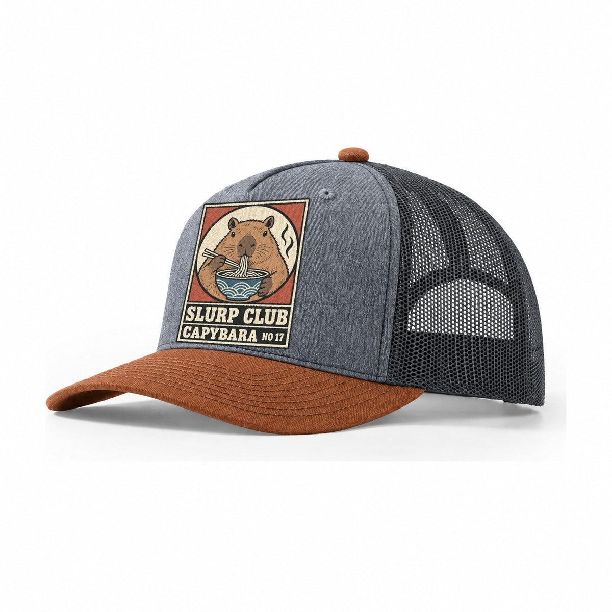Capybara Calm Slurp Club Trucker Hat – Heather Grey Rust Charcoal