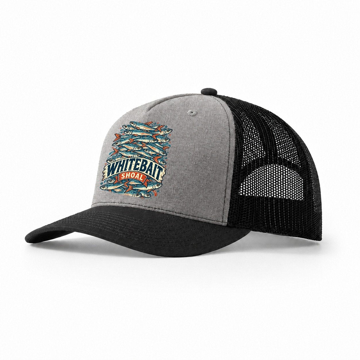 Whitebait Shoal Stack Fishing Club Trucker Hat – Grey Black