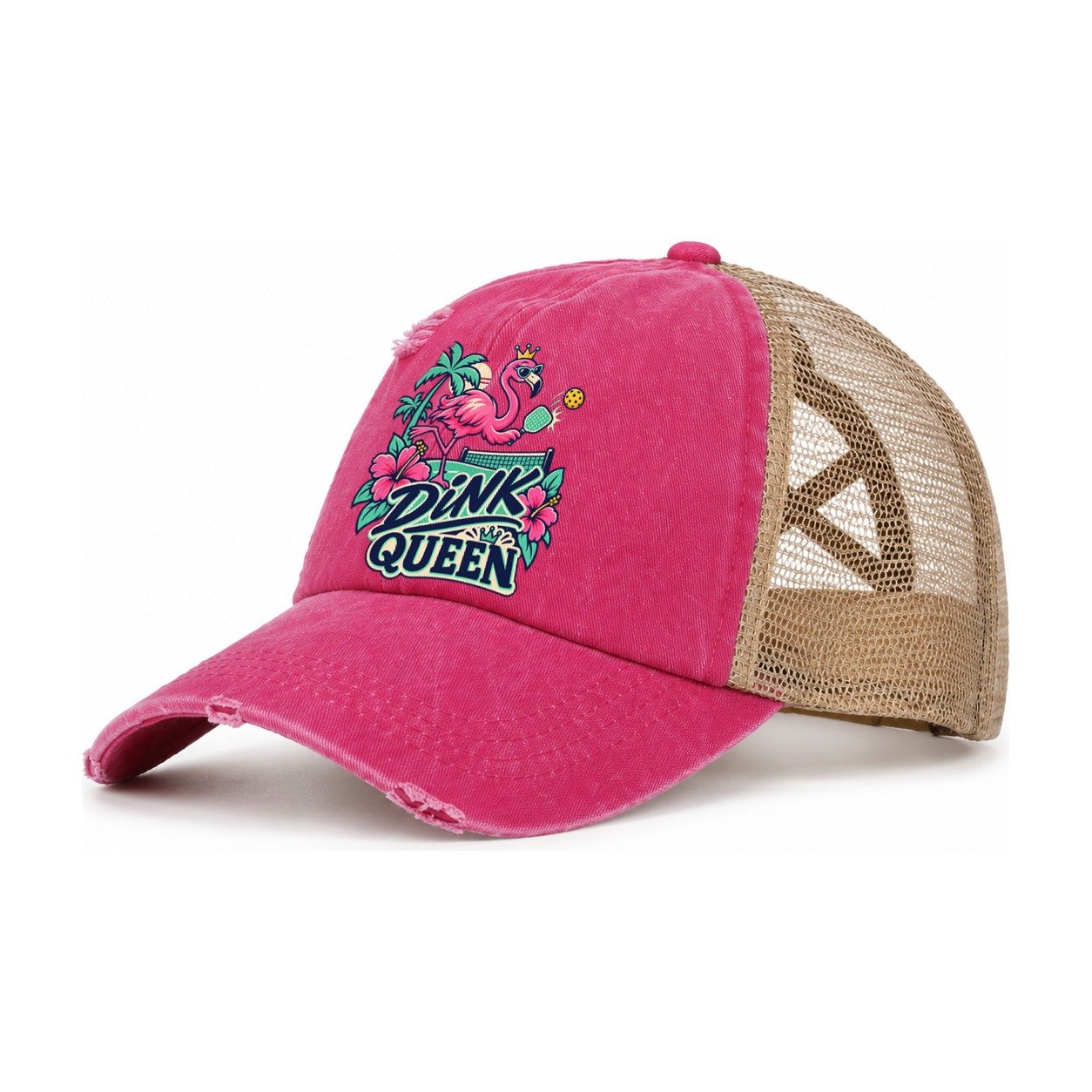 Flamingo Dink Queen Pickleball Life Women's Ponytail Trucker Hat – Raspberry Khaki