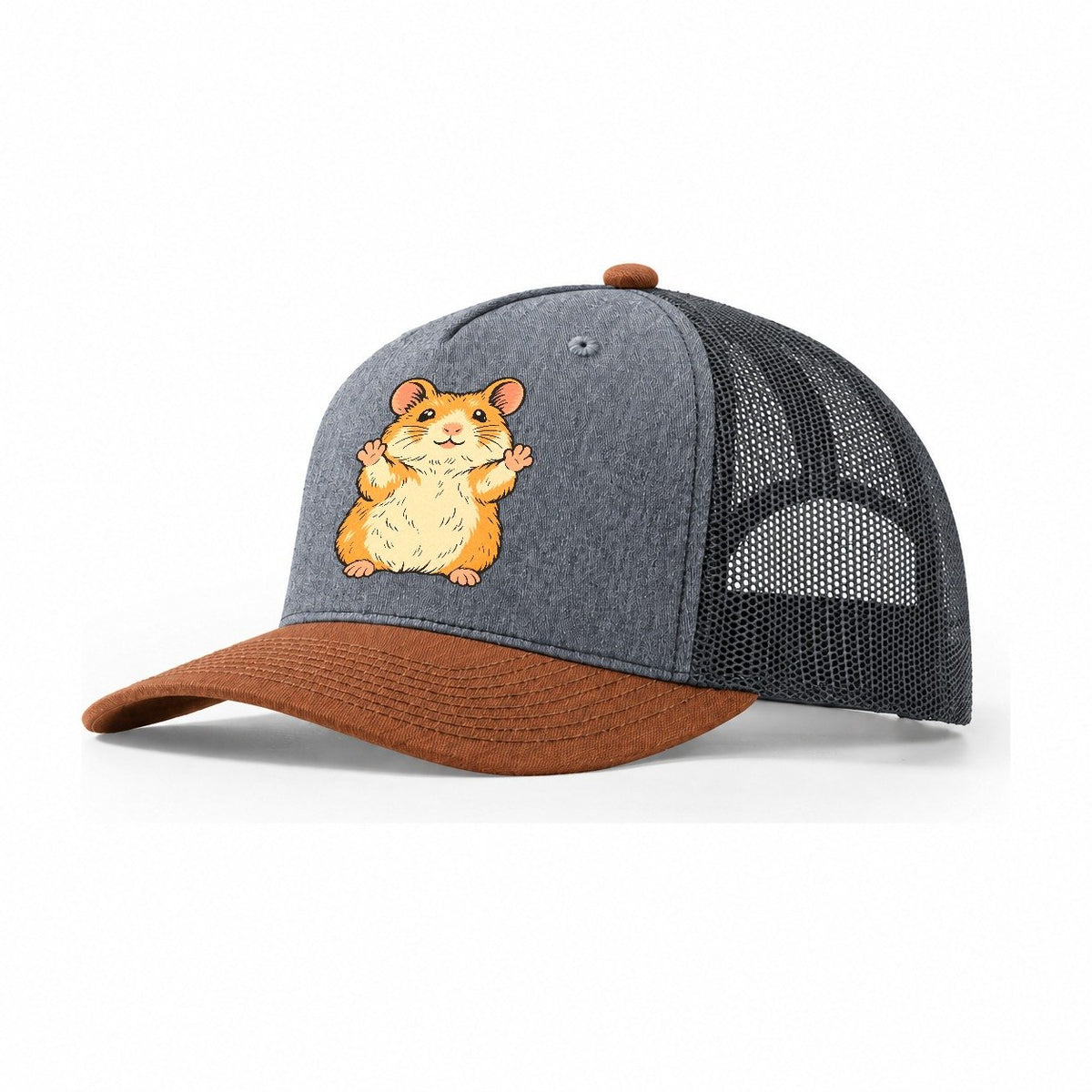 Hamster Paws Up Small Pet Logos Trucker Hat – Heather Grey Rust Charcoal