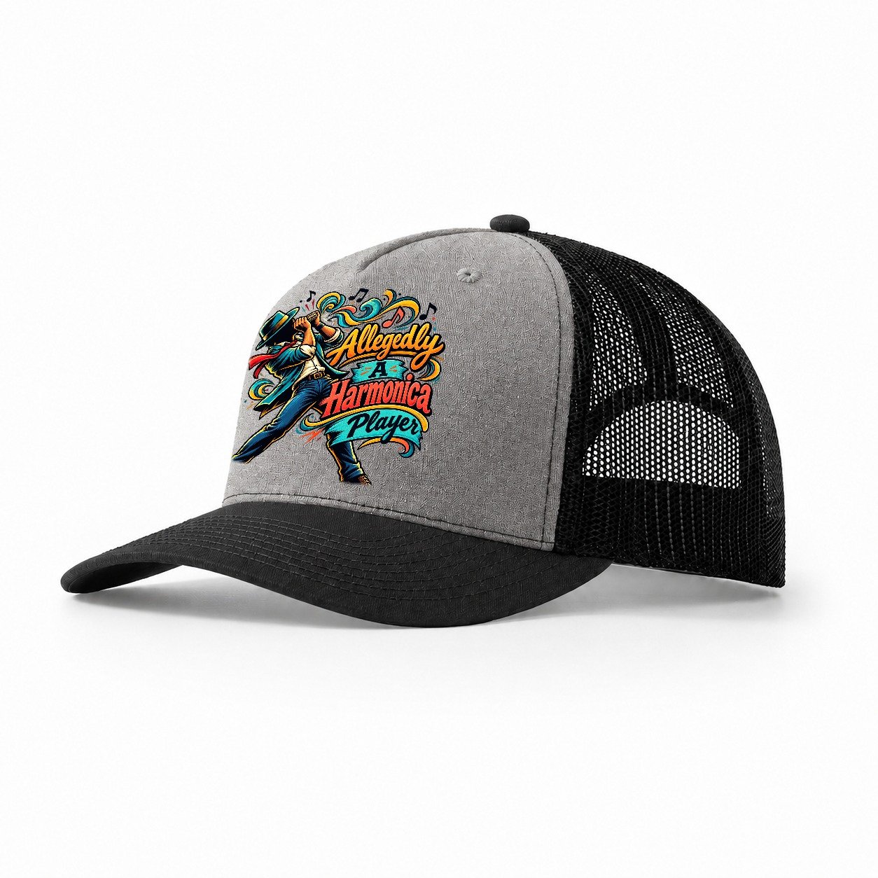 Allegedly A Harmonica Player Music Instruments Trucker Hat – Grey Black