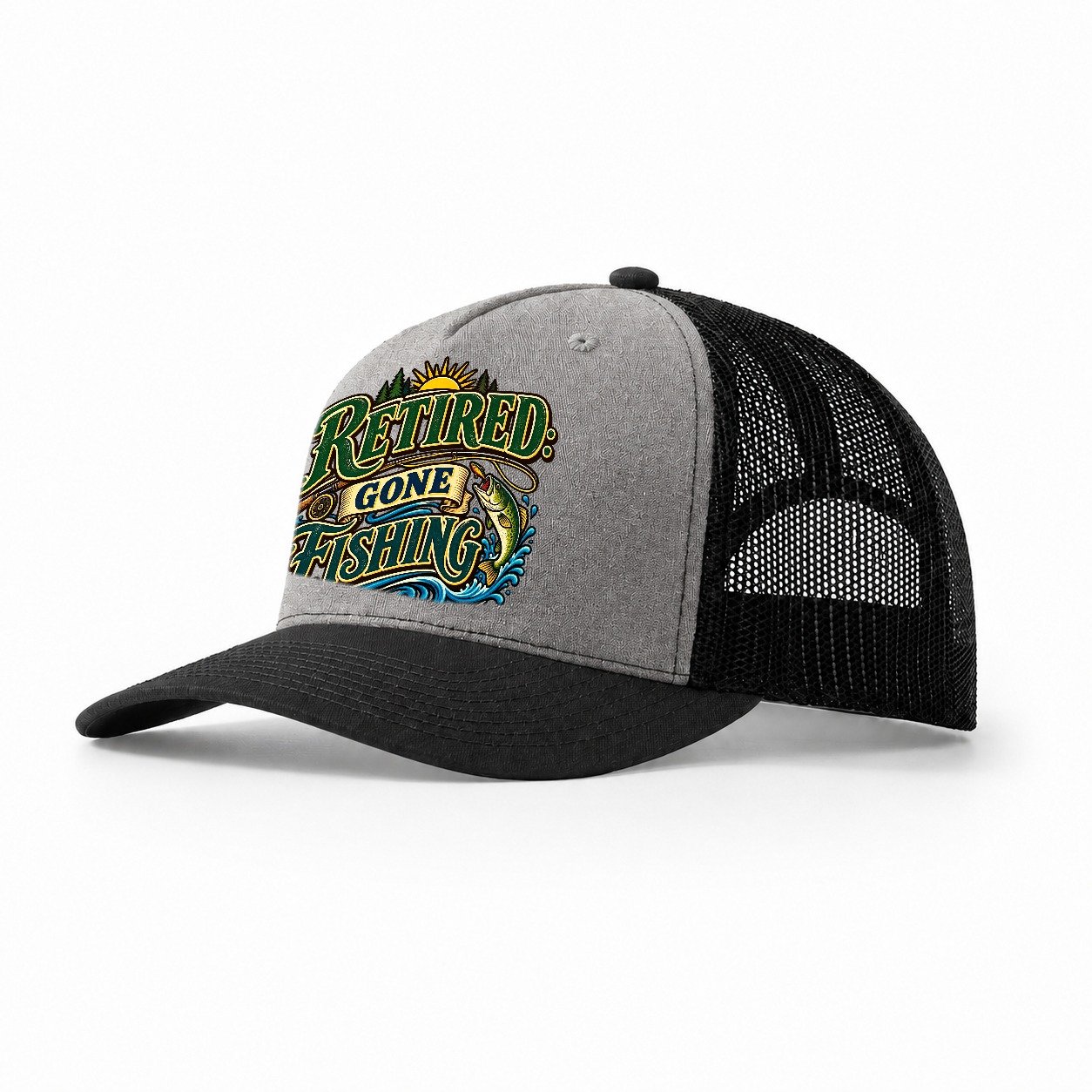Retired Gone Fishing Retired Living Trucker Hat – Grey Black