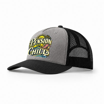 Pension And Chill Retired Living Trucker Hat – Grey Black