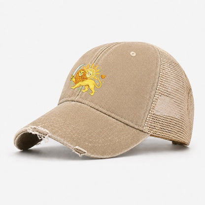 Sword-Wielding Lion Sun Emblem Washed Trucker Hat – Khaki